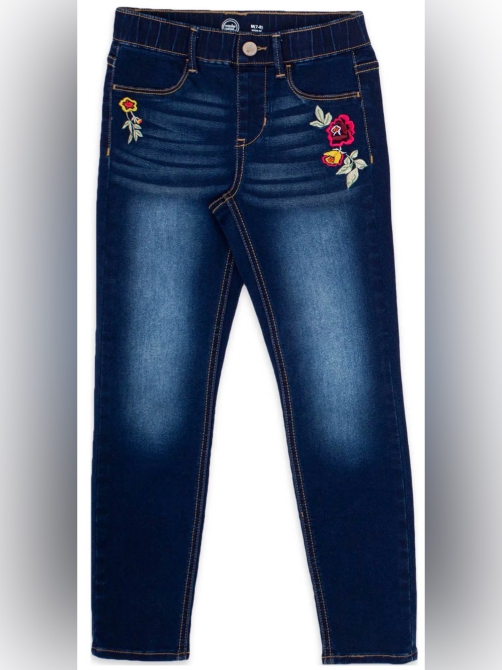 New Girls Blue Denim Jeans with Flowers, Size Medium